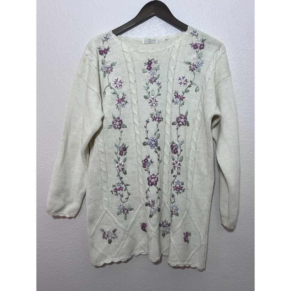 Vintage Knit Embroidered Floral Sweater Women Sz L Grandma Cottagecore Fisherman